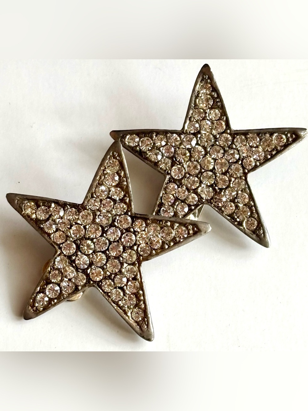 Vintage Pave Rhinestone Star Clip On Earrings Large Silver Tone Celestial
